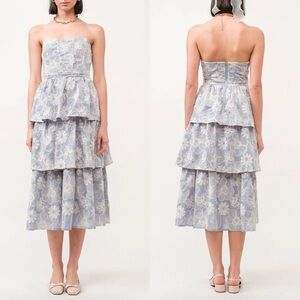 NWT Sofie The Label Blue THE RUMI STRAPLESS TIERED DRESS Floral Embroidered Sm S